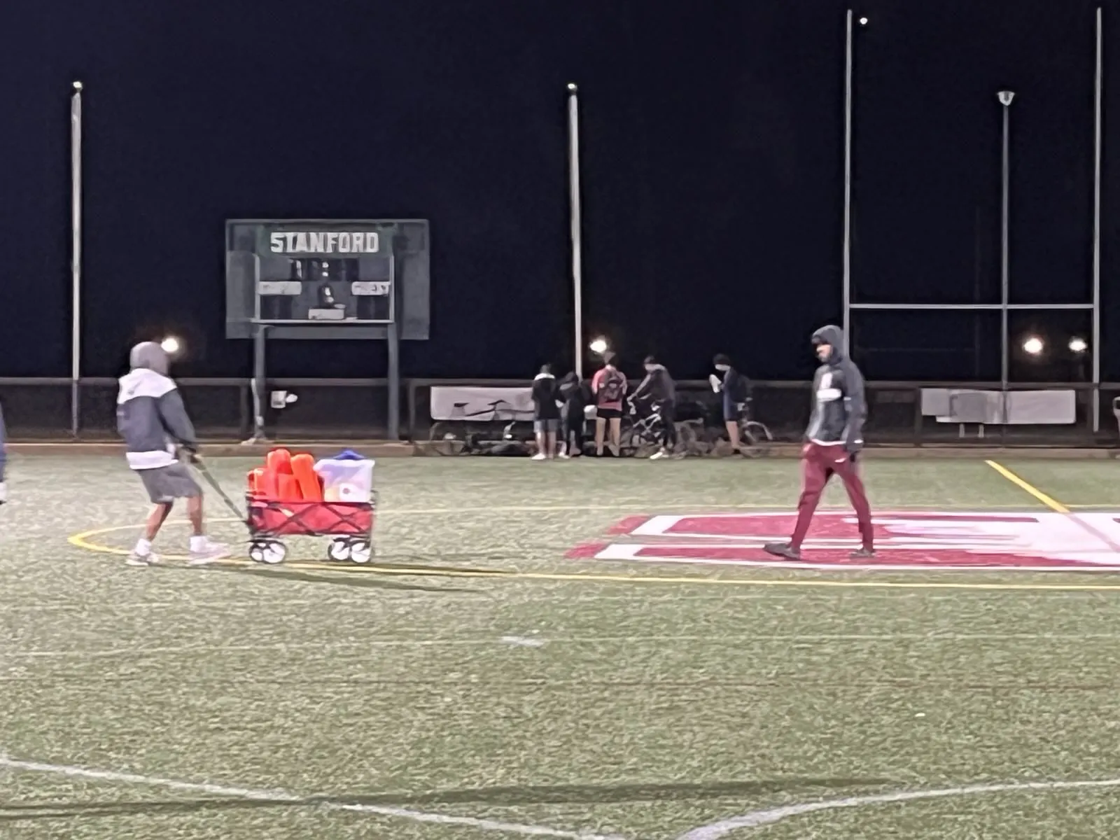 Stanford intramural sports field at night with scoreboard