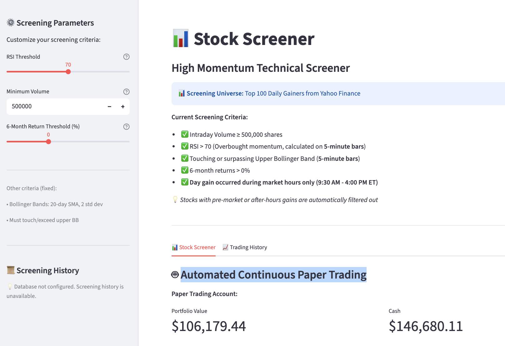 Screenshot of automated stock screener and trading dashboard